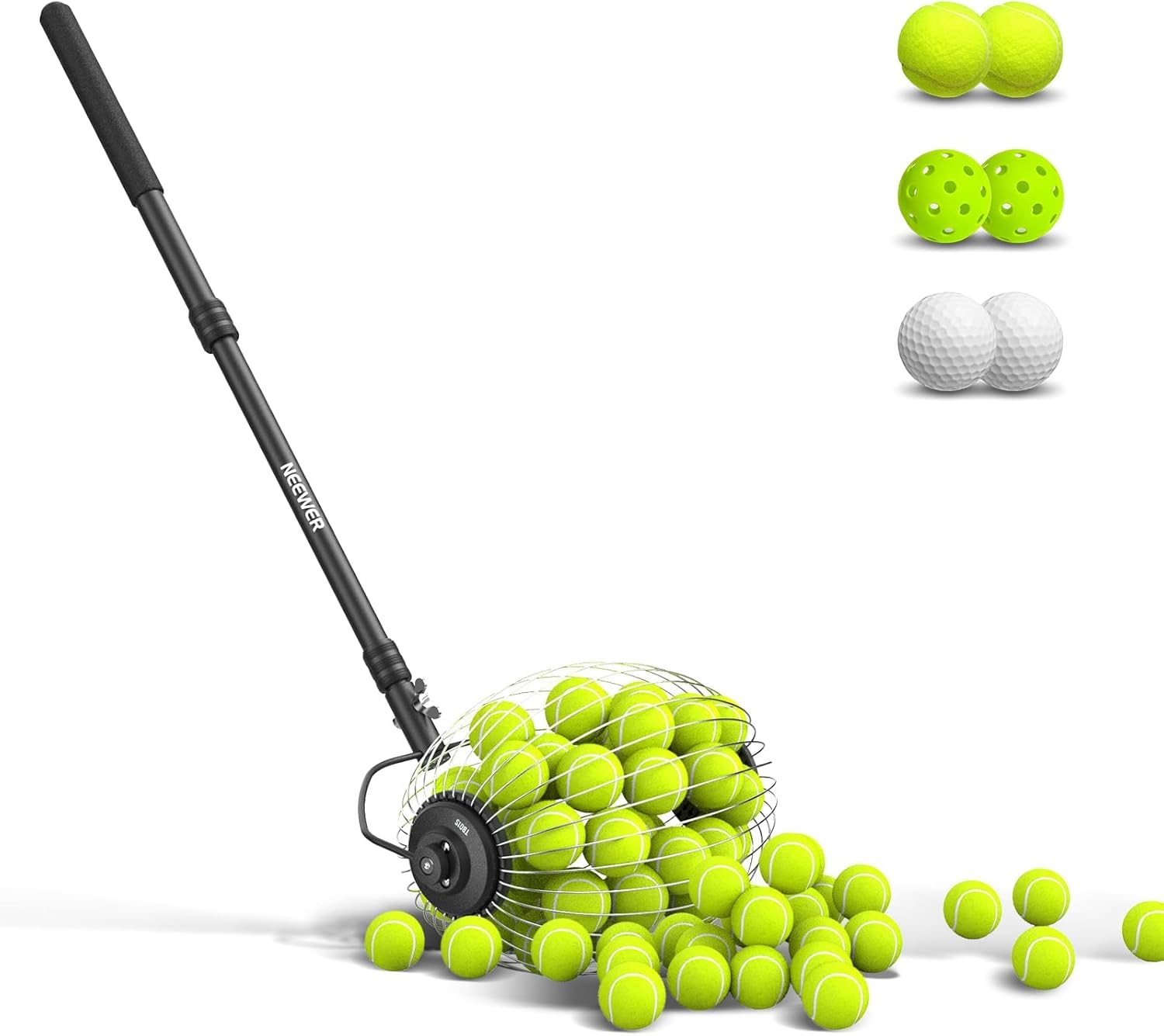 NEEWER Tramoggia per palline da tennis, 77-148 cm, telescopico per raccogliere palline da golf, pickleball, rullo per raccogliere palline da 3,8 - 7,6 cm, accessori e attrezzature per allenamento