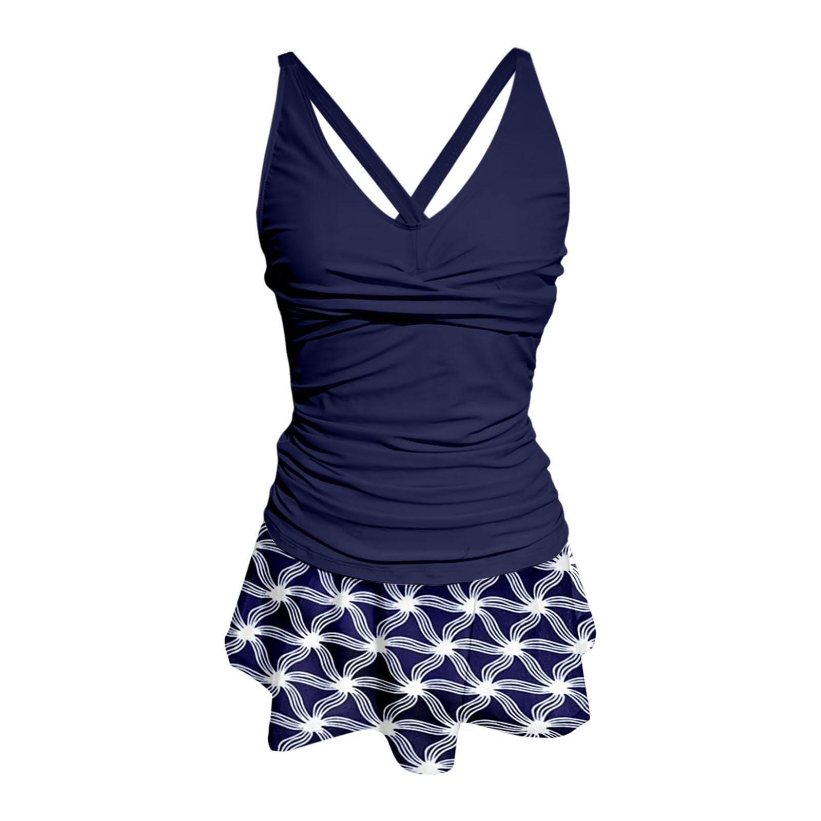 Costume da bagno tankini con gonna per vacanze in spiaggia, stile split nero, da donna, alla moda, scollo a V, con stampa, versatile per giornate estive al mare