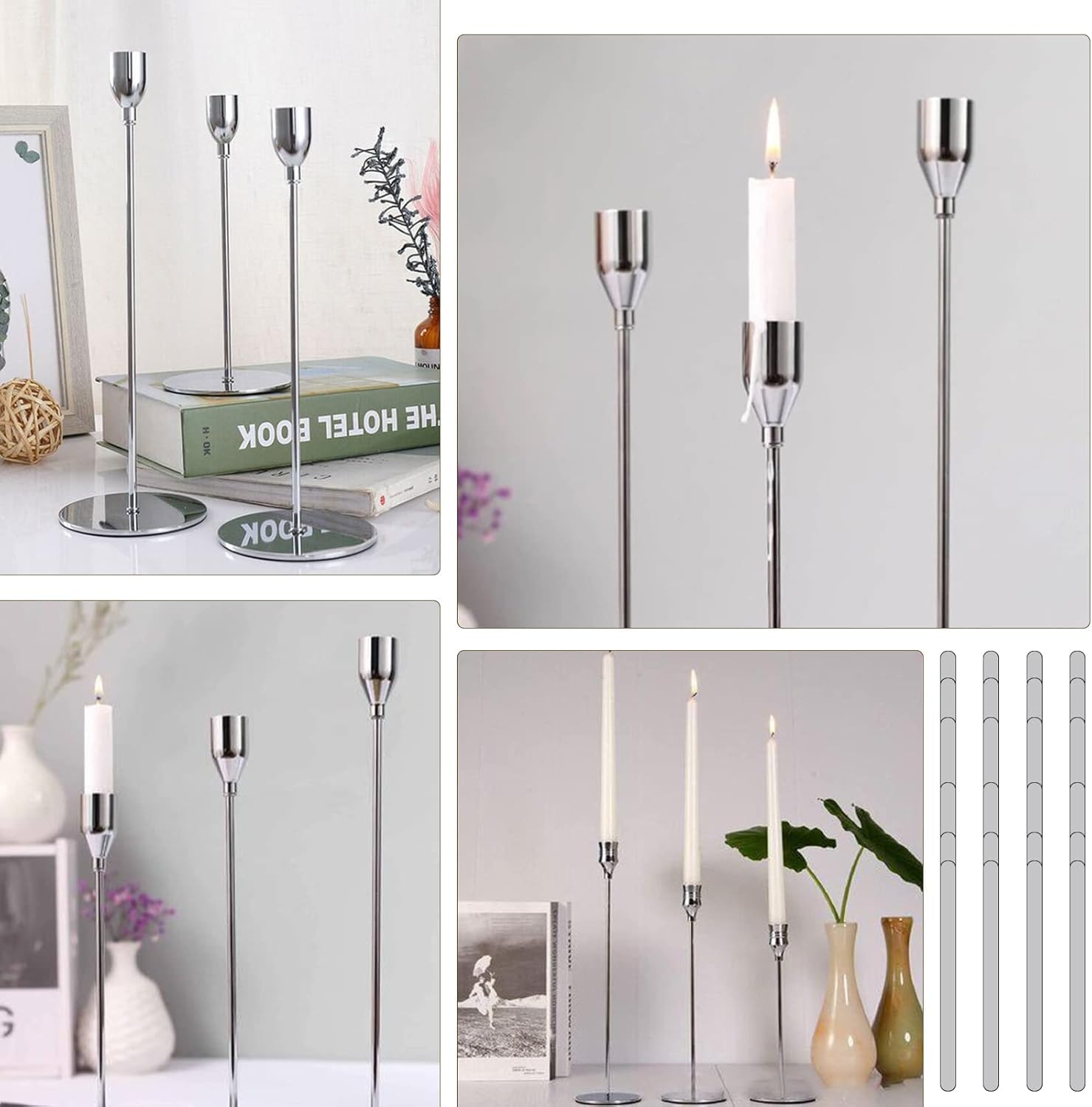 Juego de 12 portavelas de plata, candelabros franceses para velas puntiagudas, candelabros adecuados para velas de 3/4 pulgadas de grosor, candelabros para bodas, fiestas, hogar, cenas a la luz de las