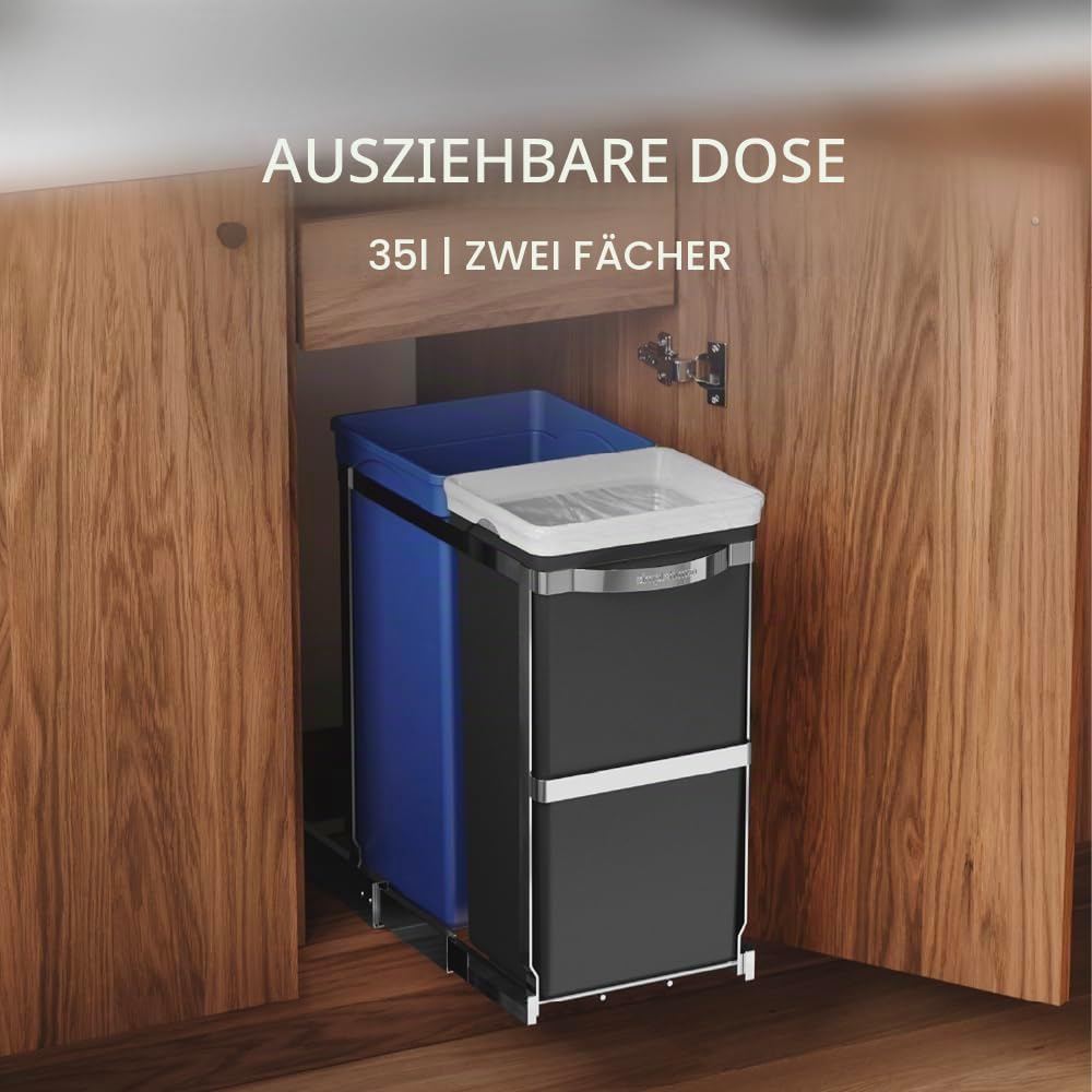 simplehuman CW1016 35 Liter (20/15) ausziehbarer Schrank-Recycler Mülltrennsystem 2 Fach Einbau Abfallsammler Abfalleimer Mülleimer Küche Mülltrennung, strapazierfähiger Stahlrahmen, 5 Jahre Garantie