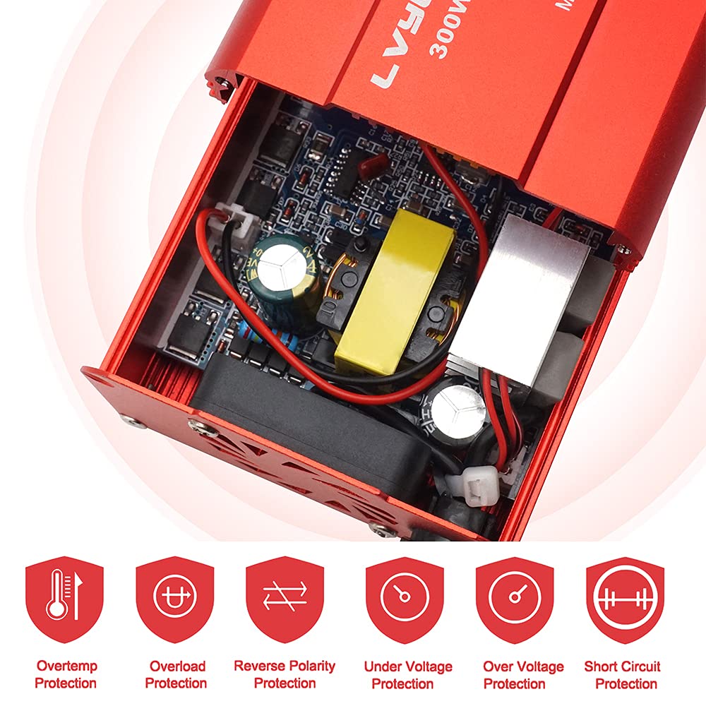 Cantonape Convertisseur de courant 300 W pour voiture, Transformateur de 12 V A 220 V, inverseur avec 1 prise et 2 ports USB (5 V/2,4 A) pour Phone Pad et tablette Cantonape Convertisseur de courant 300 W pour voiture, Transformateur de 12 V A 220 V, inverseur avec 1 prise et 2 ports USB (5 V/2,4 A) pour Phone Pad et tablette
