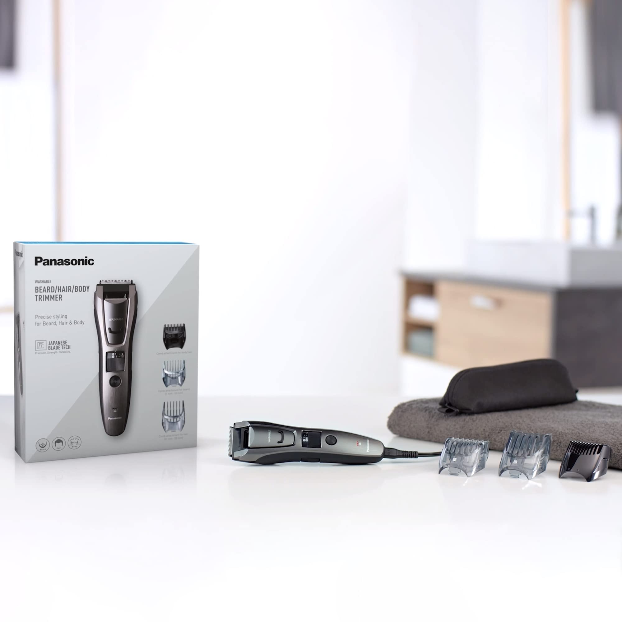 Panasonic ER-GB80-H503 Tondeuse à Barbe, Cheveux et Corps pour Hommes, Portative Étanche Sans Fil, 39 Longueur Réglables, 3 Accessoires, Détaillée, Fonctionnement Avec ou Sans Fil, Argent Foncé