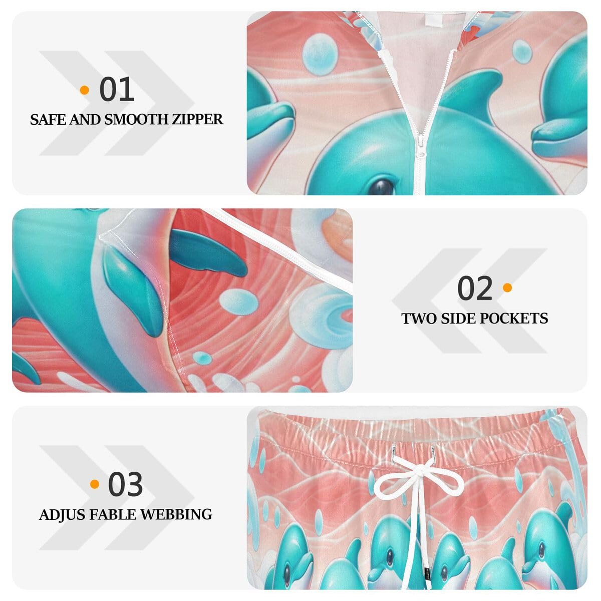 Conjunto deportivo de 2 piezas para mujer, diseño de delfín, color turquesa y blanco, de manga larga, con estampado de delfines oceánicos