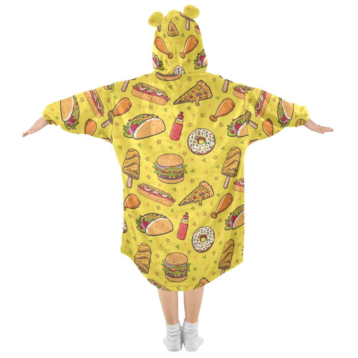 Fast Food Donut dziecięcy koc do noszenia z kapturem oversize bluza koc sweter żółty dla chłopców i dziewcząt w wieku 3-14 lat