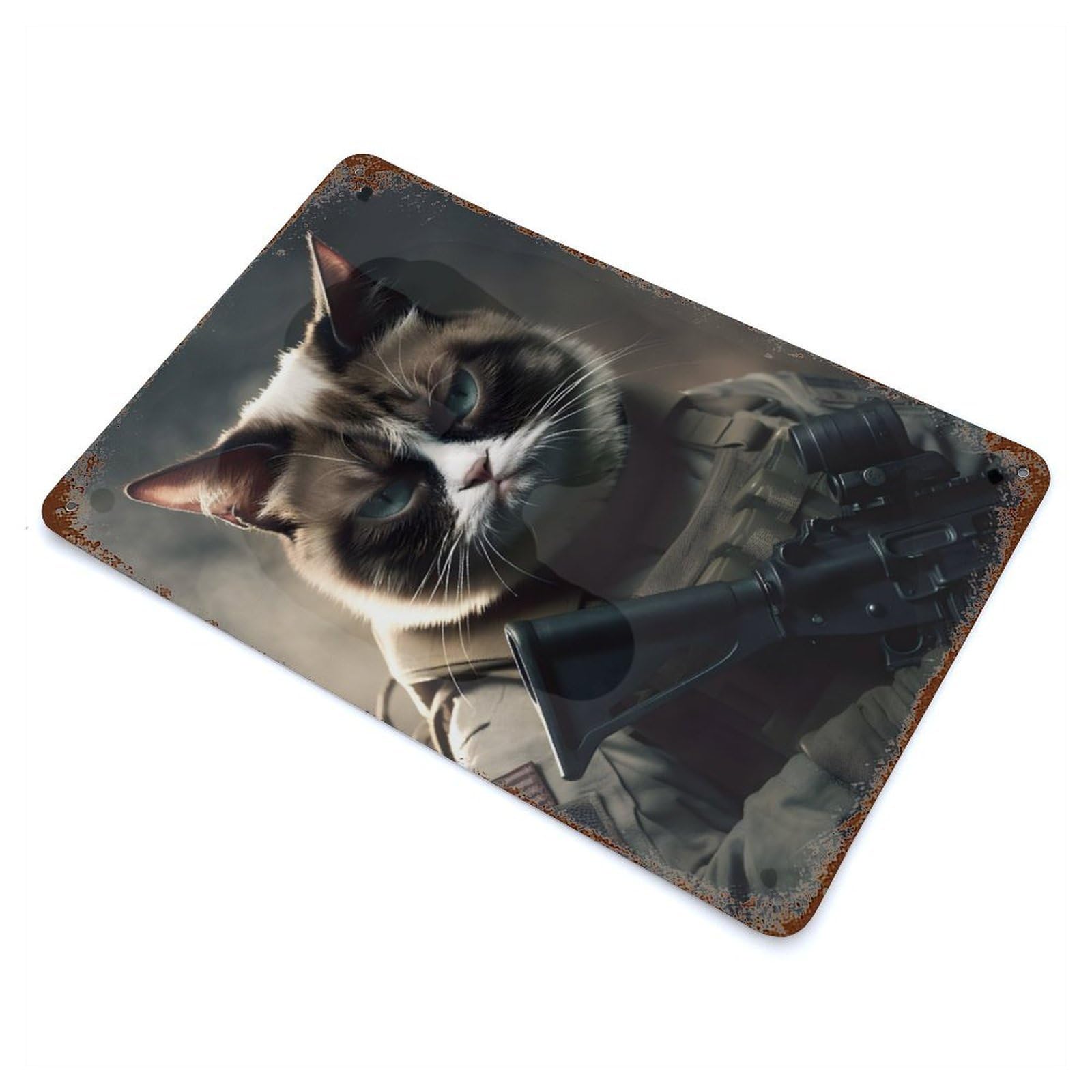 Grumpy Cat Army Portrait Rusty Metal Tin Sign 11.8"x7.9", for Shed, Workshop And Garage Wall Decor, Novelty Wall Decor