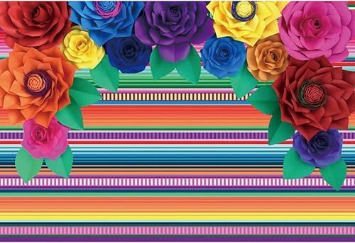 Miniatura 3 de DASHAN Telón de fondo de fiesta mexicana de poliéster de 12 x 8 pies, fotografía de flores coloridas a rayas, fondo de fiesta de cinco de mayo para
