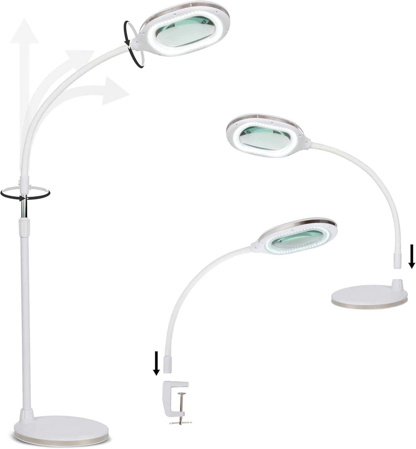 Brightech LightView Pro Magnifying LED Desk Lamp with Light, Hobbies & Reading, Flexibility & Durability Magnifying Floor Lamp, 3 in 1 LED Light Glass Magnifier, Work Light for Pro Uses - White