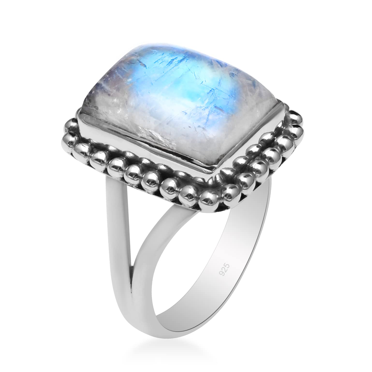 Anello in argento Sterling 925 con pietra di luna arcobaleno naturale con gambo diviso per donne e ragazze