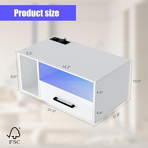 Miniatura 2 de Mesita de noche flotante con estación de carga y luces LED, mesita de noche flotante con cajones, mesitas de noche montadas en la pared, para