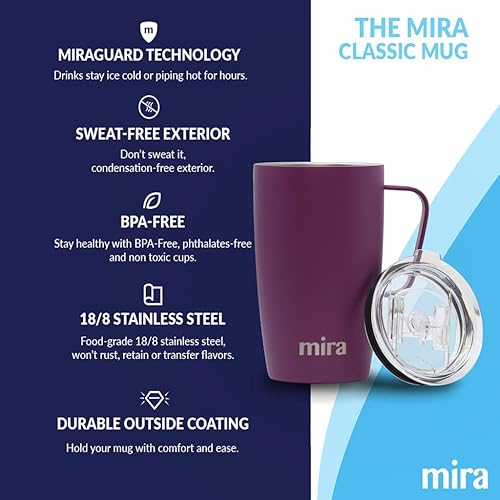 Miniatura 7 de MIRA Taza de café aislada de 18 onzas con asa y tapa, apta para portavasos, acero inoxidable, iris