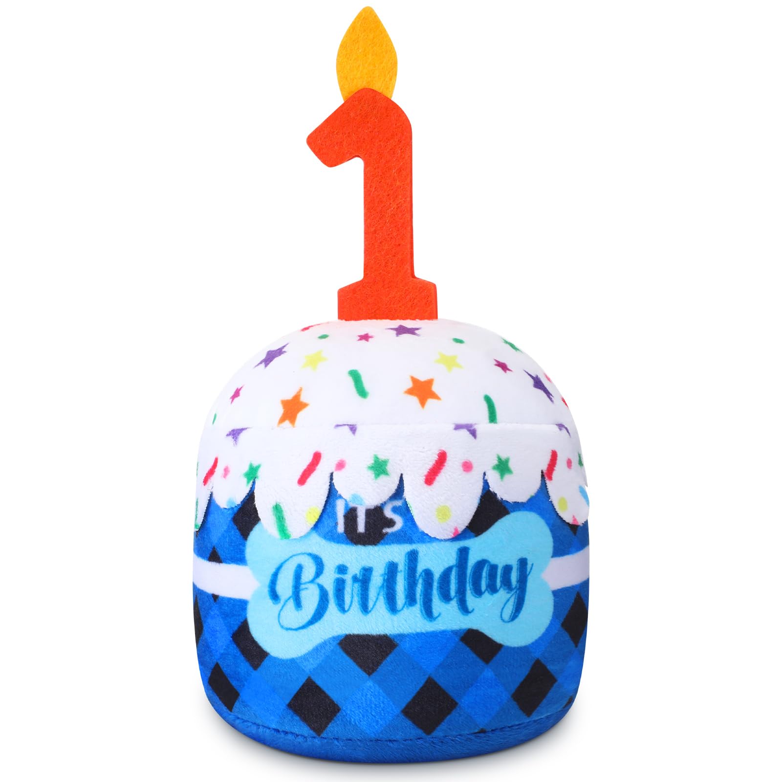Dansydaisy Dog Birthday Cake Toy Squeaky Plush Gift,1st,Blue Grid