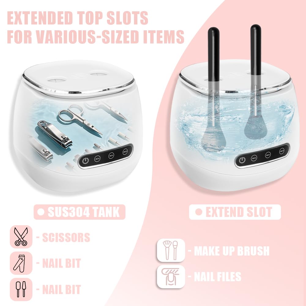 Pinkiou Nail Tools Sterilisator, Ultraschall-Tiefenreinigung für Maniküre Fräser & Bits, Schminkpinsel, 3 Zeitstufen 304 Edelstahl Reinigungsbox für Nagelstudio zu Hause, Kompakt und stilvoll, Weiß