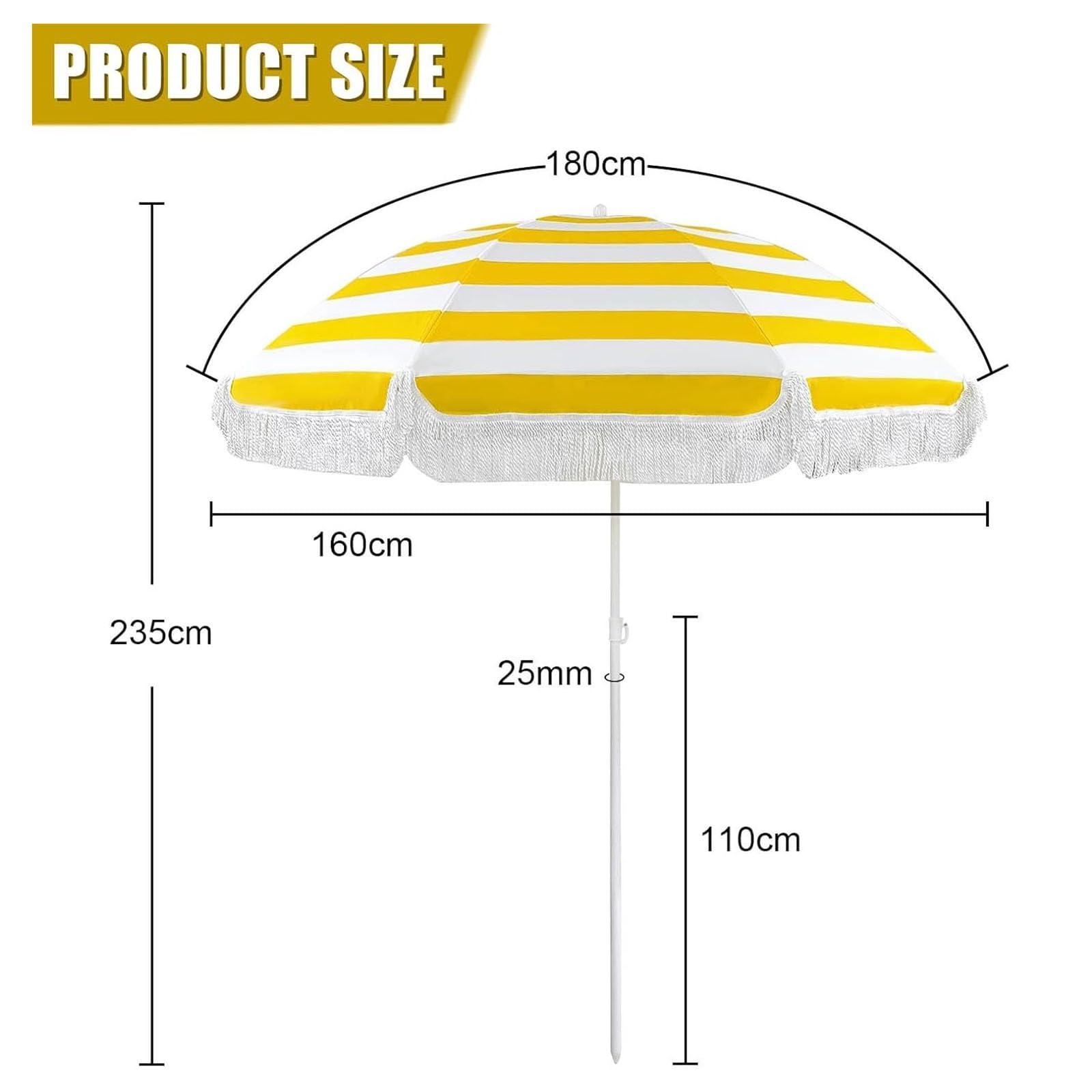 180 cm - Ombrellone da Campeggio Patio Esterno - Strisce Bianche e Gialle, Ombrellone da Spiaggia Vacanze inclinabile, UV 50+, Impermeabile, Antivento, per Giardino Piscina Cortile