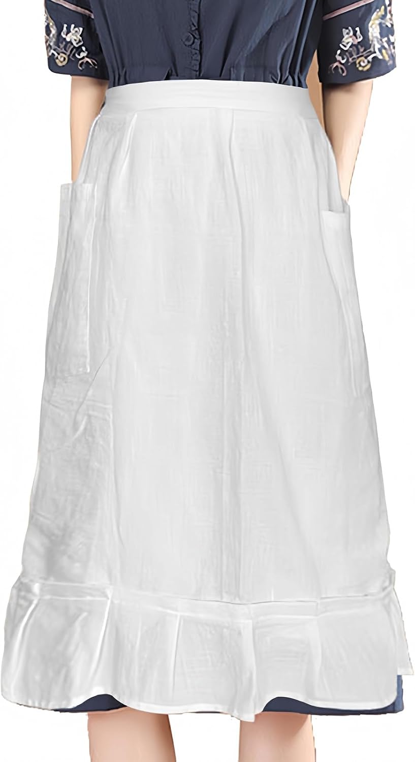White Waist Apron Maid Costume Vintage Apron Pinafore Dress for Women with Pockets Cute Adjustable Cotton Apron