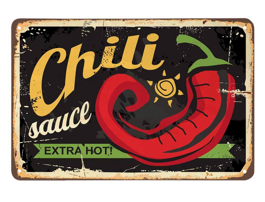 SMAZDFXX Chili Sauce Poster Tin Sign,Extra Hot Chili Vintage Metal Tin Signs for Cafes Bars Pubs Shop Wall Decorative Funny Retro Signs for Men Women 5.5"x8"
