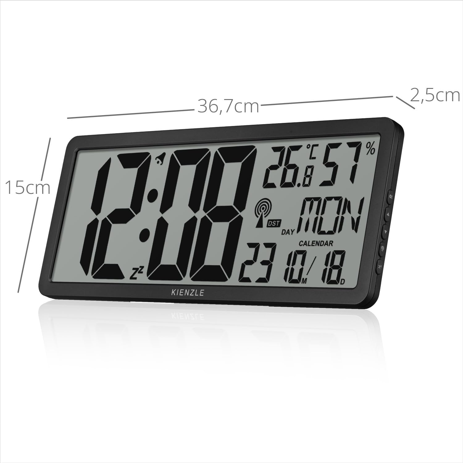 Kienzle XXL Digitale Funkwanduhr mit DCF, Thermometer und Hygrometer | Große Anzeige, Temperatur und Luftfeuchtigkeit, Wecker, Datum in 7 Sprachen, 4 AA Batterien enthalten, Standfuß