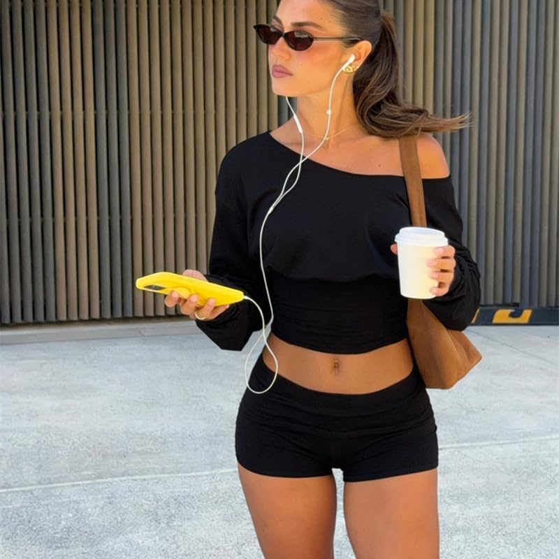 Sexy Two Piece Set For Women Long Sleeve Off Shoulder Backless Crop Top Slim Fit Shorts Casual Workout Sweatsuit