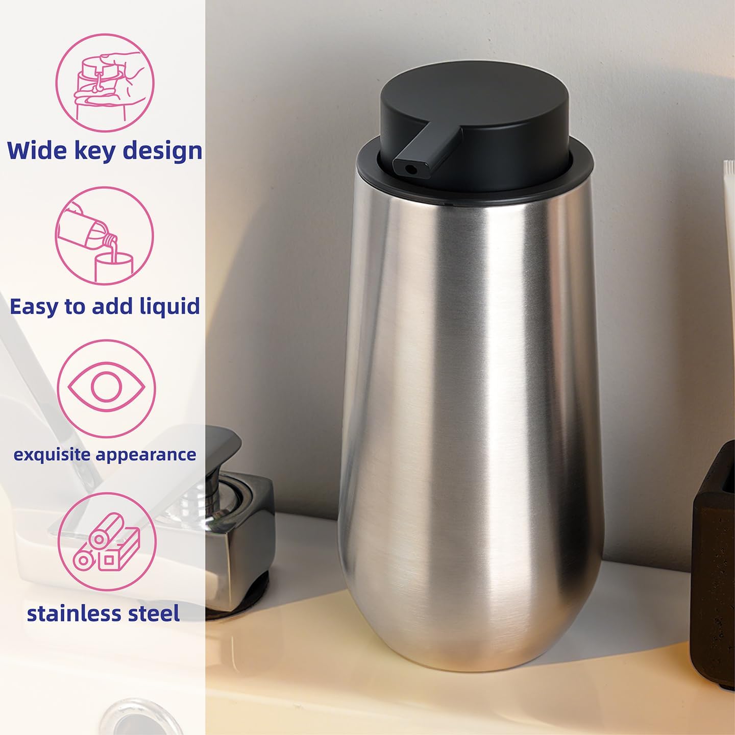 Thickened Double-Wall Stainless Steel Liquid Soap Dispenser for Dish Soap & Hand Soap, 15.2 oz (Brushed Stainless Steel)