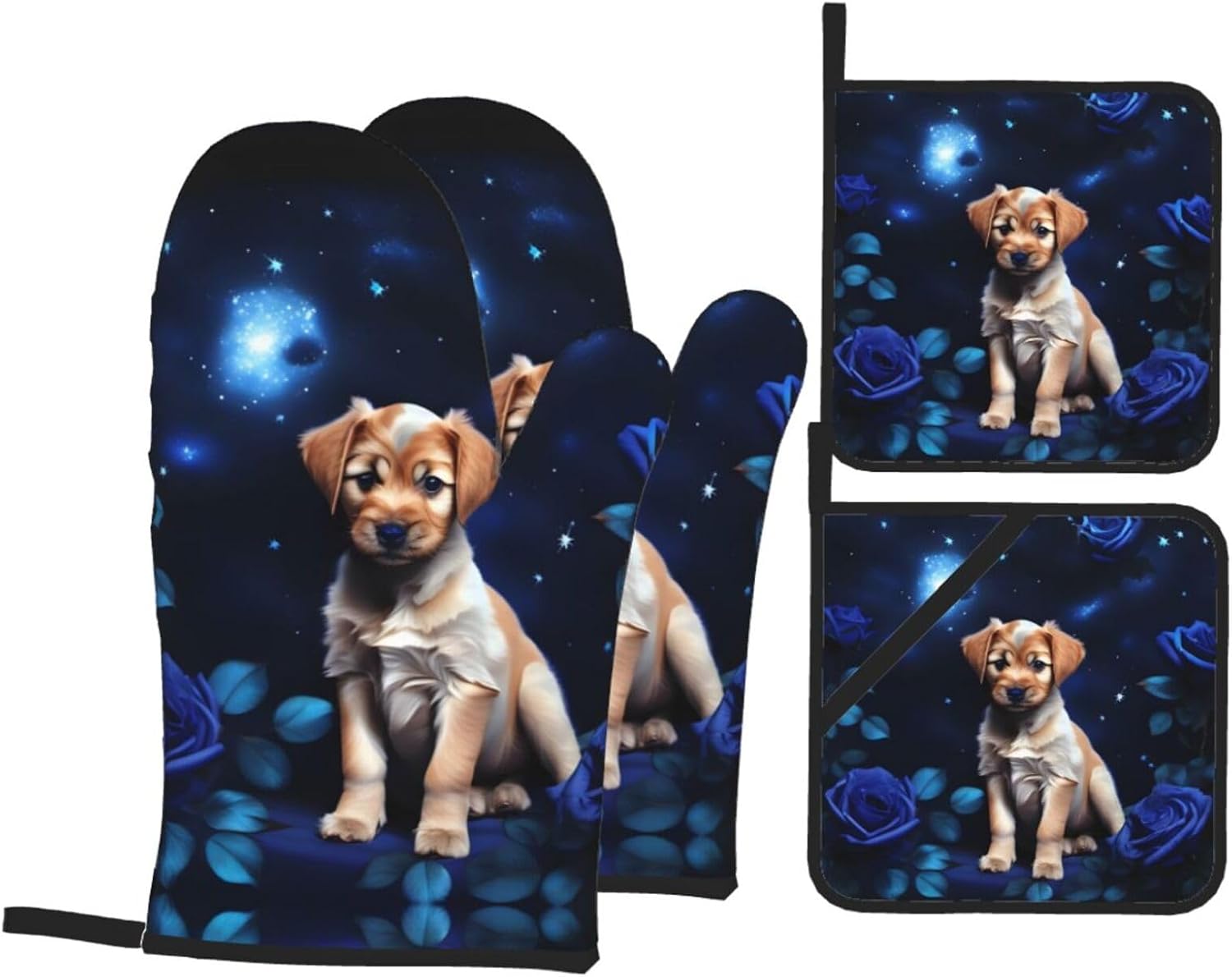 Puppy Blue Rose Oven gloves and heat-resistant mat 4-piece set. Suitable for grilling, microwave oven frying, and baking