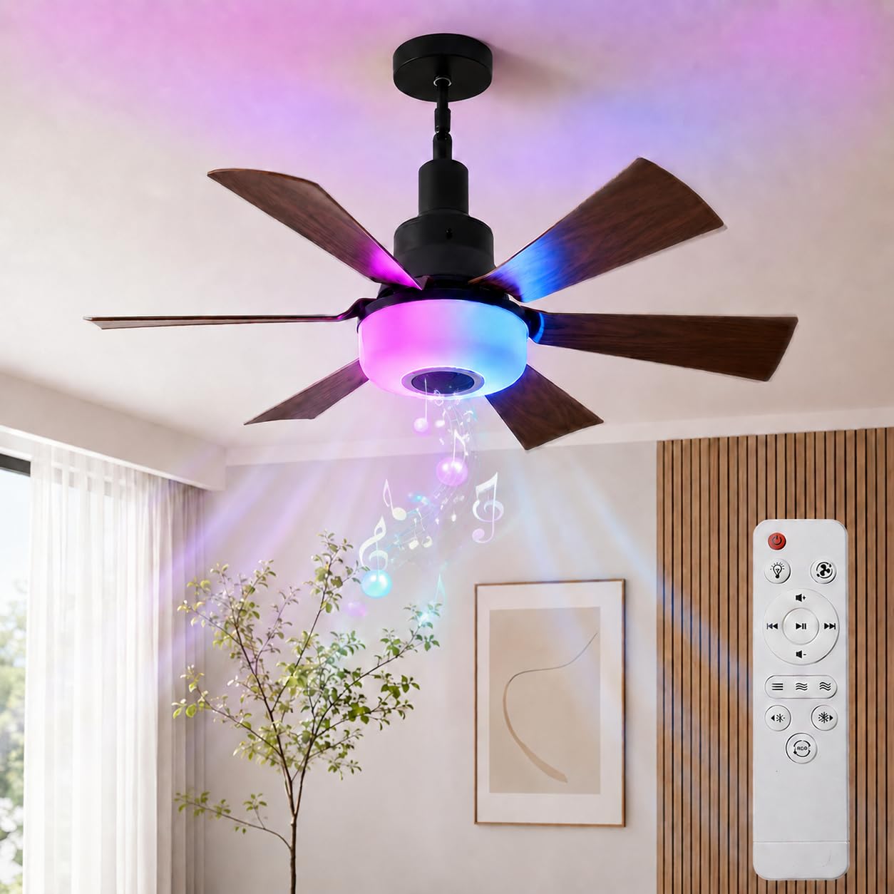 Deckenventilator mit Beleuchtung und Bluetooth Lautsprecher, Ø52cm E27 Klein Sockel Ventilator Lampe mit Fernbedienung RGB Dimmbar Höhen Verstellbar Schwenkbar für Schlafzimmer Kinderzimmer Küche