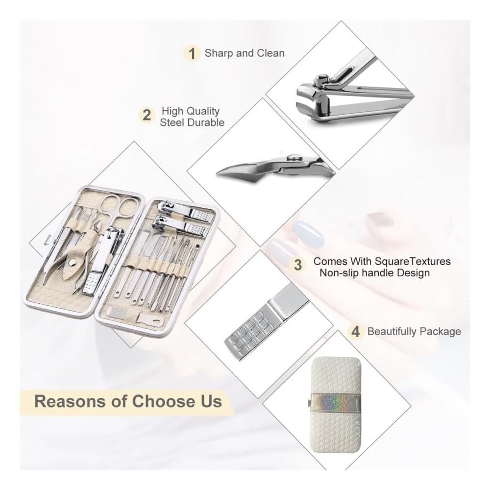 Cortaúñas, Set de manicura Profesional 18 en 1, Kit de Cuidado de uñas de Acero Inoxidable con Estuche de Viaje, Beige