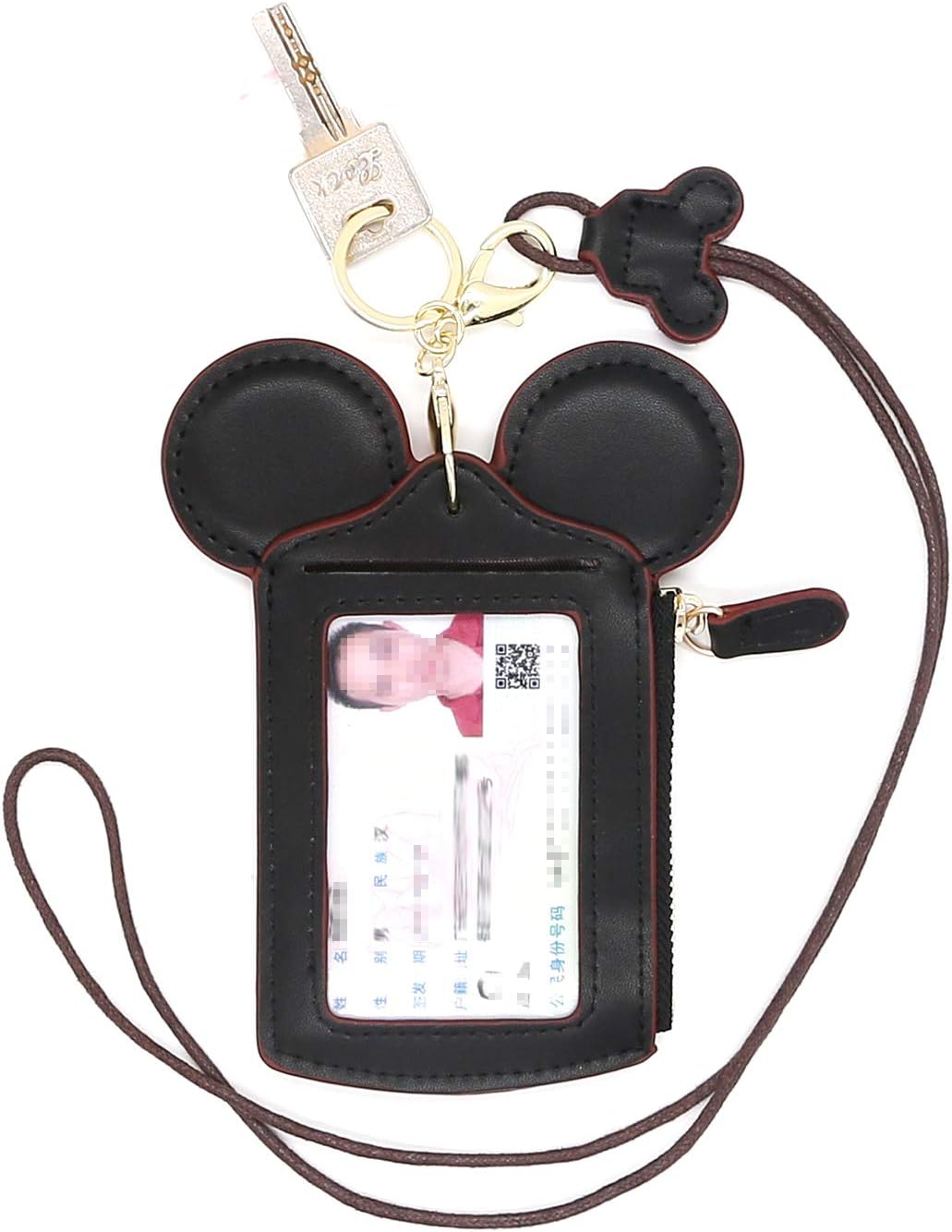 ID Holder With Lanyard Badge Holder,PU Leather newchic Cute Animal Shape neck wallet for Women, Black, Small