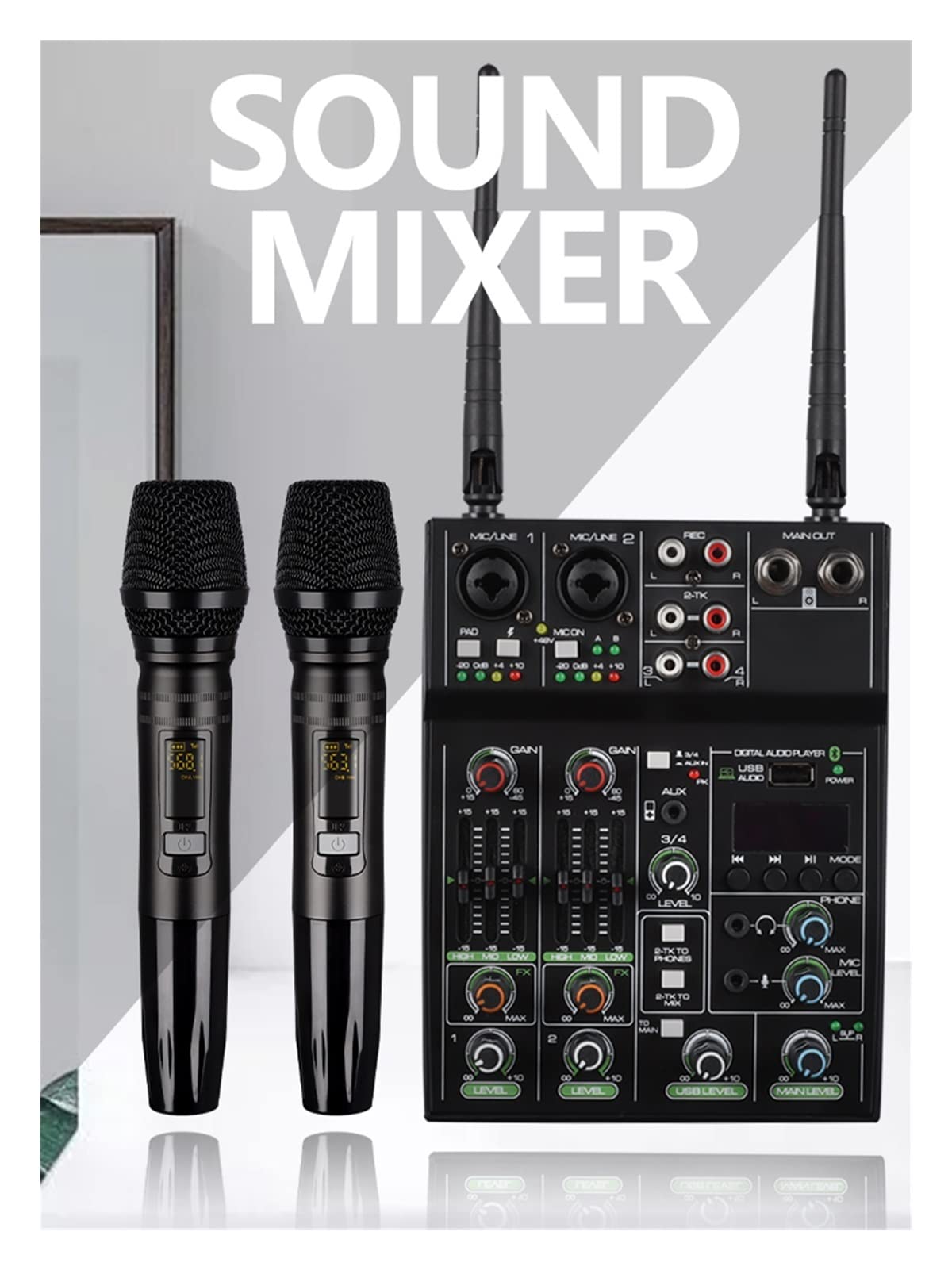 Kontroler miksera DJ AX2 4-kanałowy mikser DJ/profesjonalny mikser audio z bezprzewodowym mikrofonem, interfejs systemu konsoli dźwięku do streamingu/podcastów/gier, telefonu, komputera
