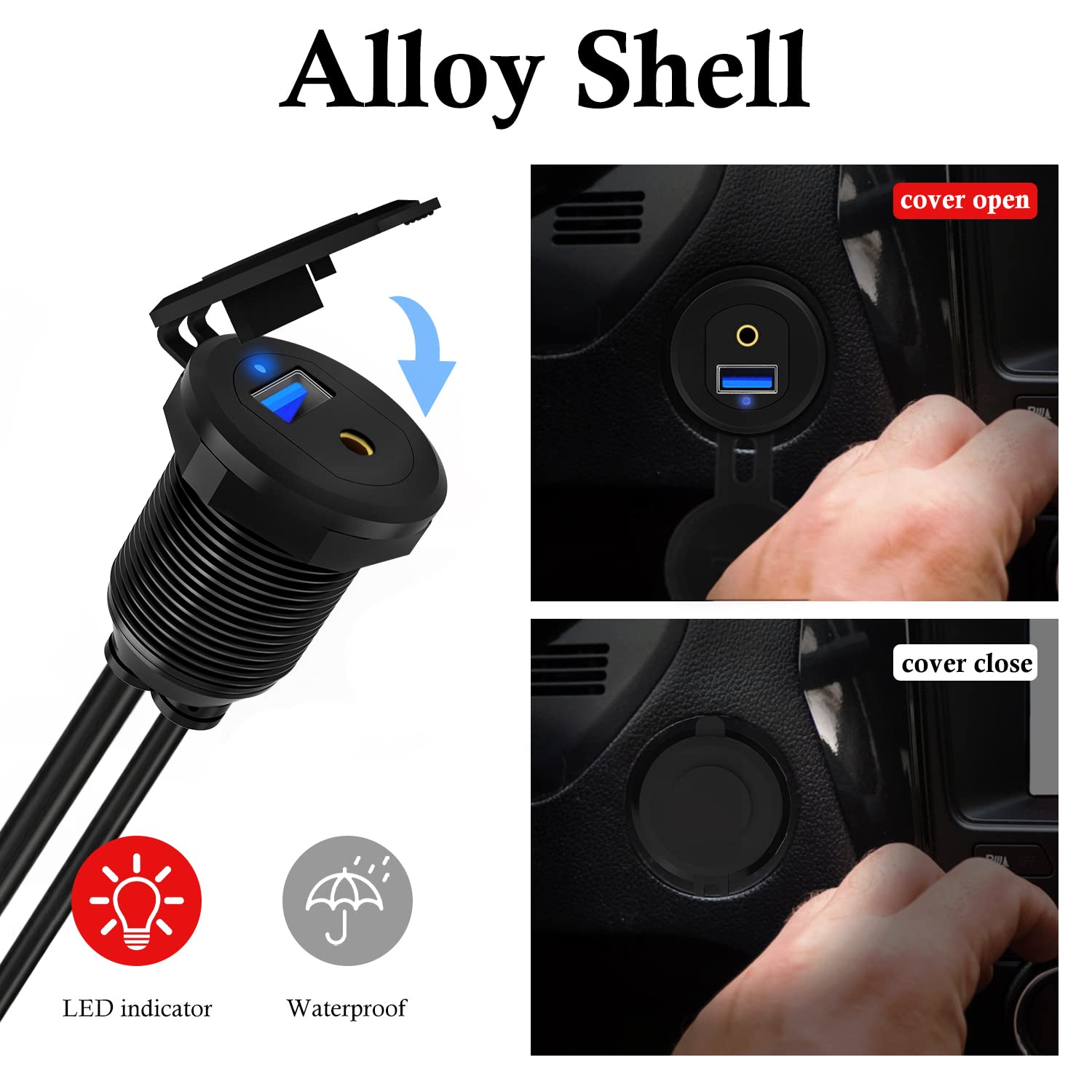 Metall-USB 3.0 & 3,5 mm Auto-Halterung, bündiges Kabel mit LED-Umgebungslicht, AUX-Verlängerung, Armaturenbrett, wasserdicht, für Auto, Boot und Motorrad, 91 cm