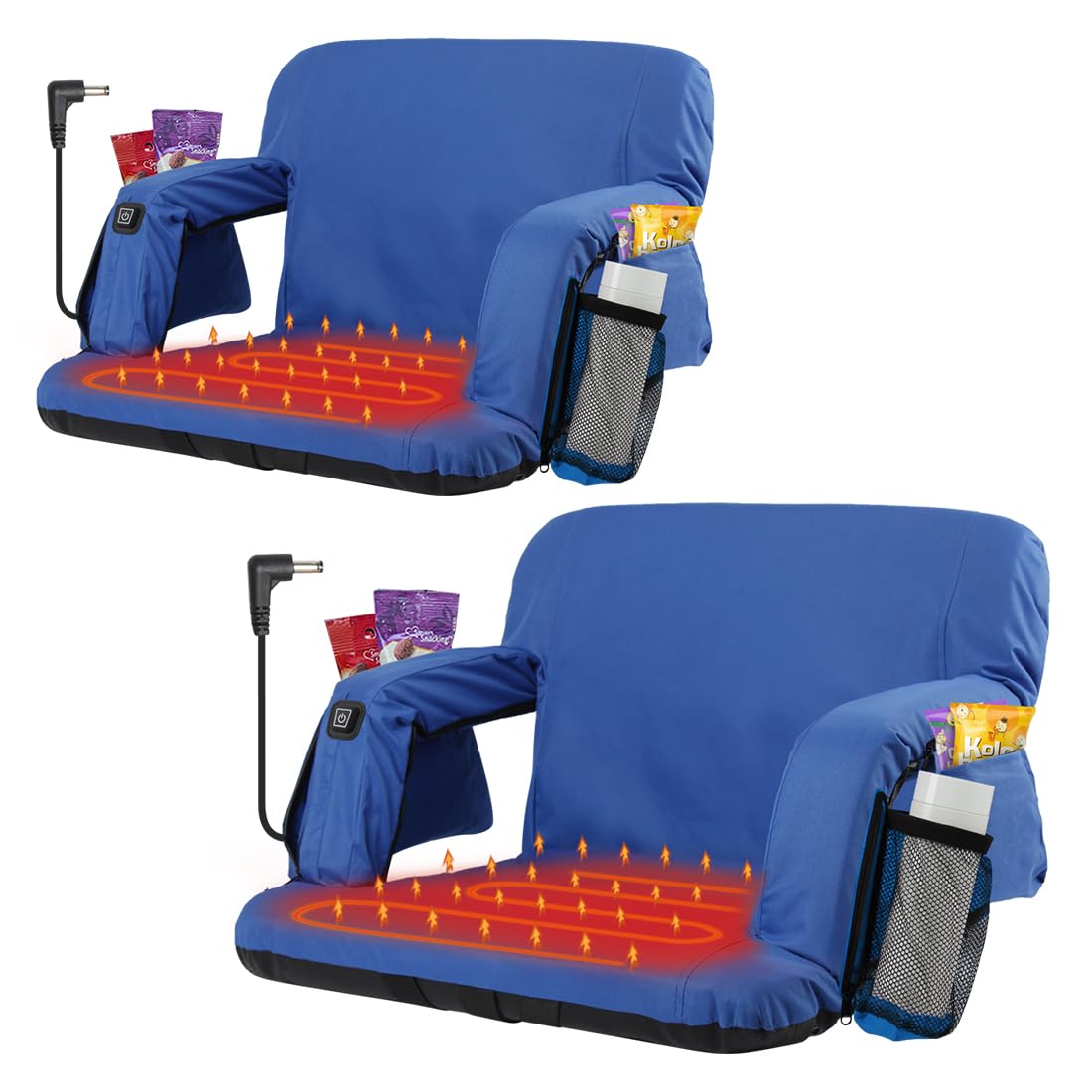 Blufree 25'' Heated Stadium Seats for Bleacher DC 7.4V Port, 6 Reclinng Positions Back and Arm Support Thick Cushion for Outdoors Picnic Camping & Sports. (Not Include Power Bank)- Blue 2PCS