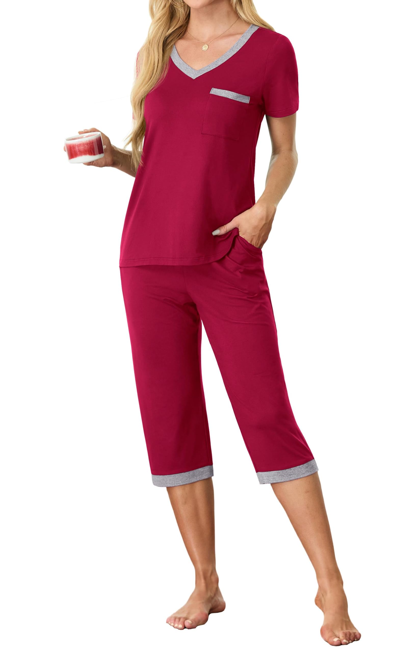 SHIJIALI Women's Pajama Set Short Sleeve V Neck Tops and Capri Pants Sleepwear Pjs Sets Outfits with Pockets