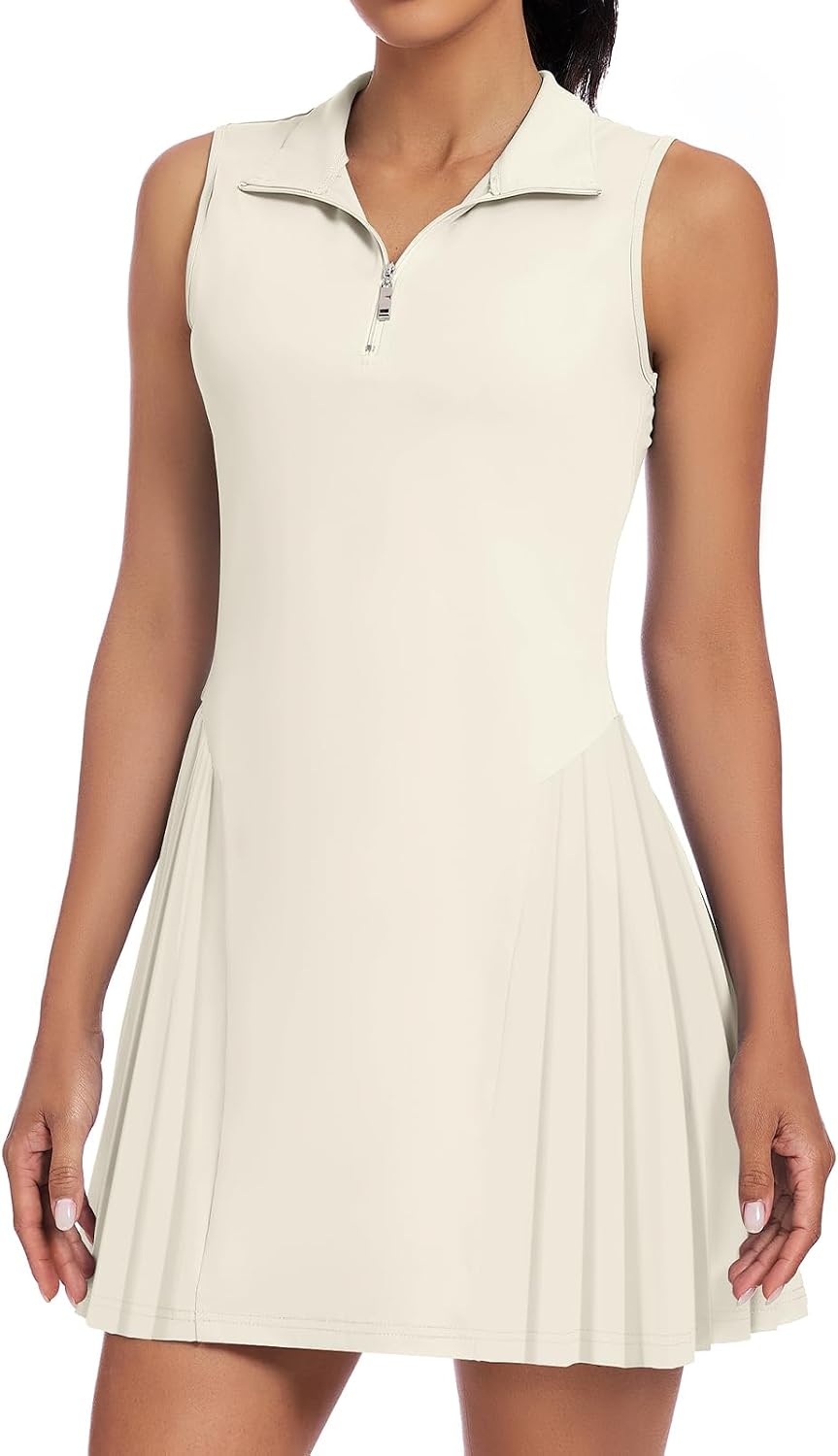 Koscacy Womens Tennis Dress Sleeveless Pleated Golf Dresses with Shorts 1/4 Zip Up Polo Collar Workout Athletic Outfits