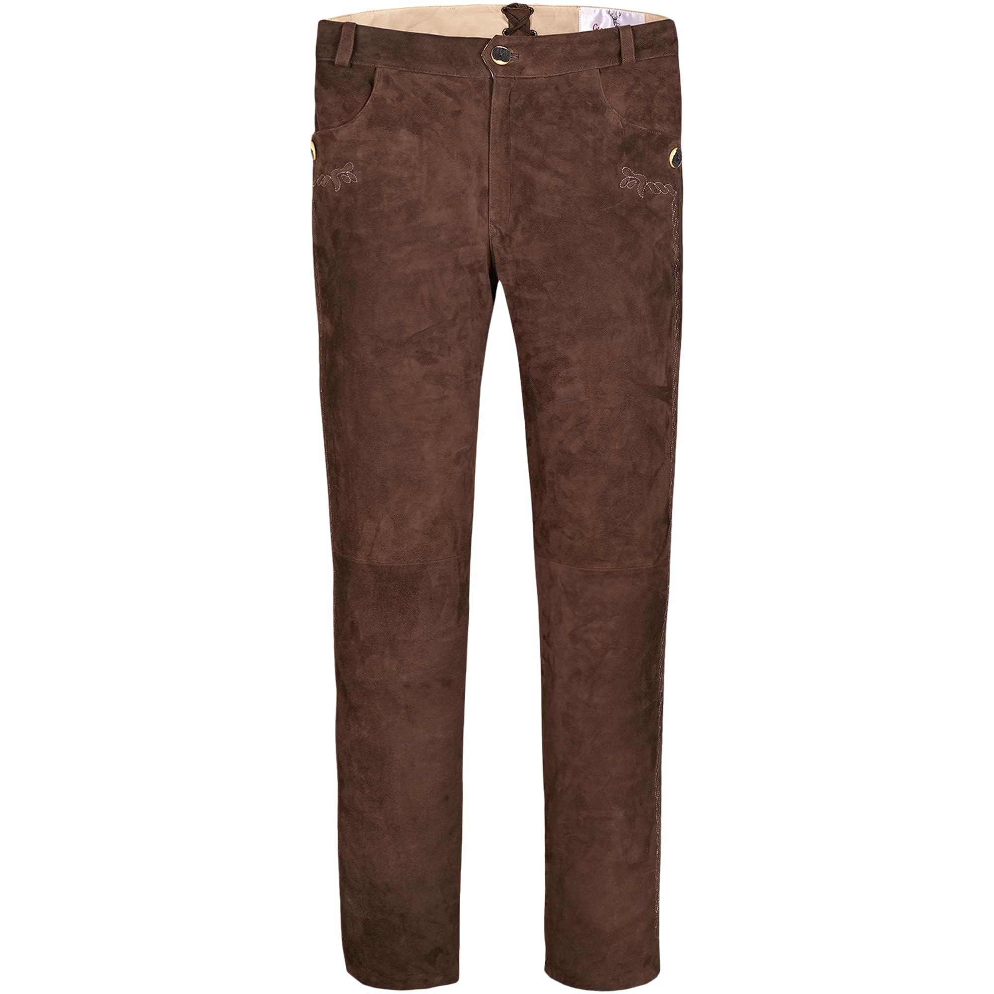 German Wear Trachten Lederhosen lang Herren aus echtem Ziegenleder – Braun mit Zopfstickerei & Gürtelschlaufen – Original weiche Trachtenhosen aus Wildleder für Volksfest & Alltag Braun