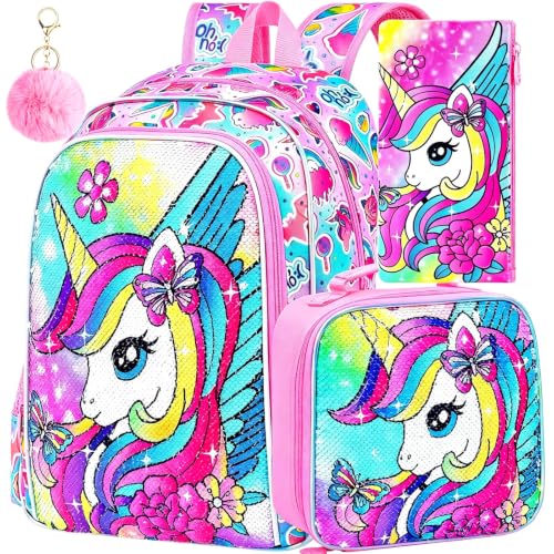 Image of 3PCS Unicorn Backpack for Girls, 16 inch Kids Bookbag with Lunch Box，Sequins School Bags for Elementary Preschool Kindergarten (Pink)