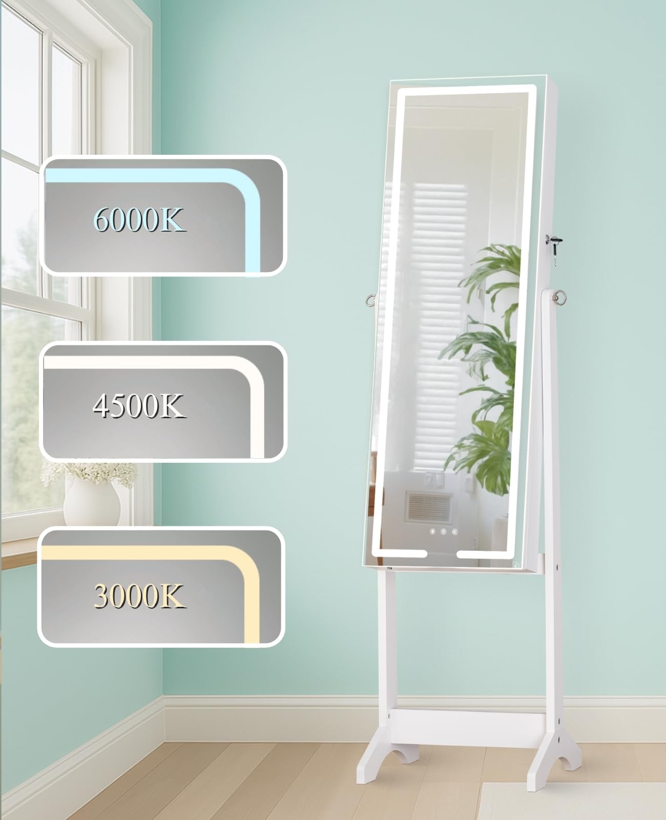 LUXFURNI Miroir LED sur pied, armoire à bijoux, miroir pleine longueur avec rangement de bijoux, 3 modes de couleur, 3 angles réglables, miroir de rangement verrouillable, blanc