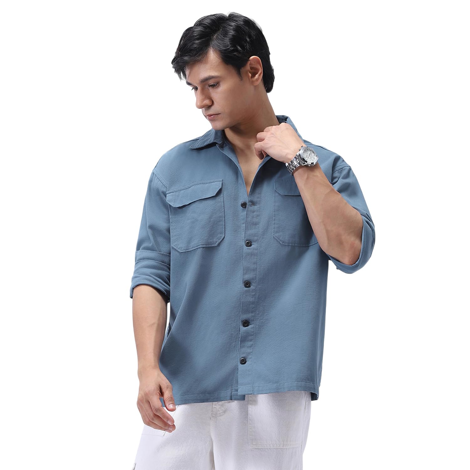 Men's Cotton Full Sleeve Relaxed Fit Shacket with Utility Pockets