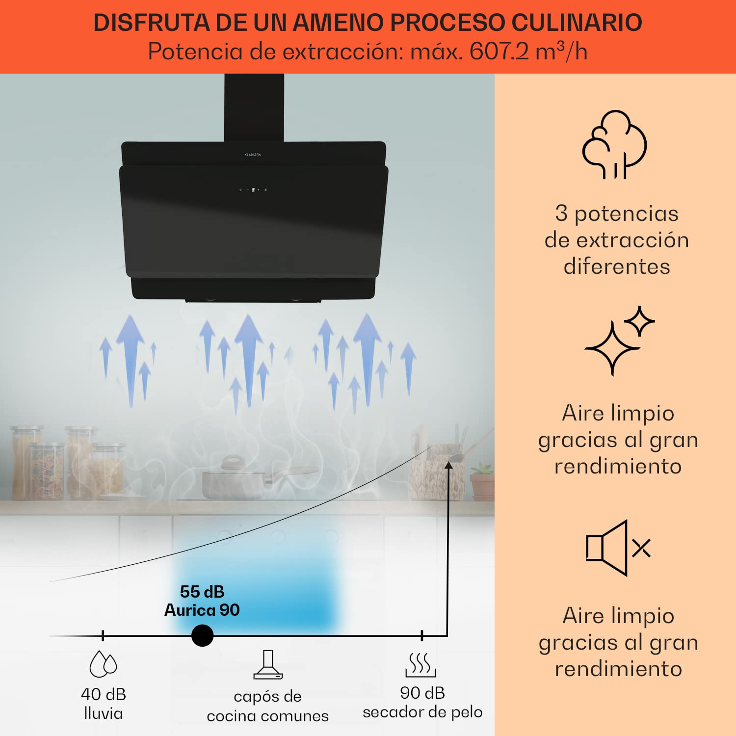 Klarstein Campana Extractora Cocina Montaje Pared con Filtro Aluminio Antigrasa para Lavavajillas, Flujo Aire 607m³/h, LEDs, Controles Táctil