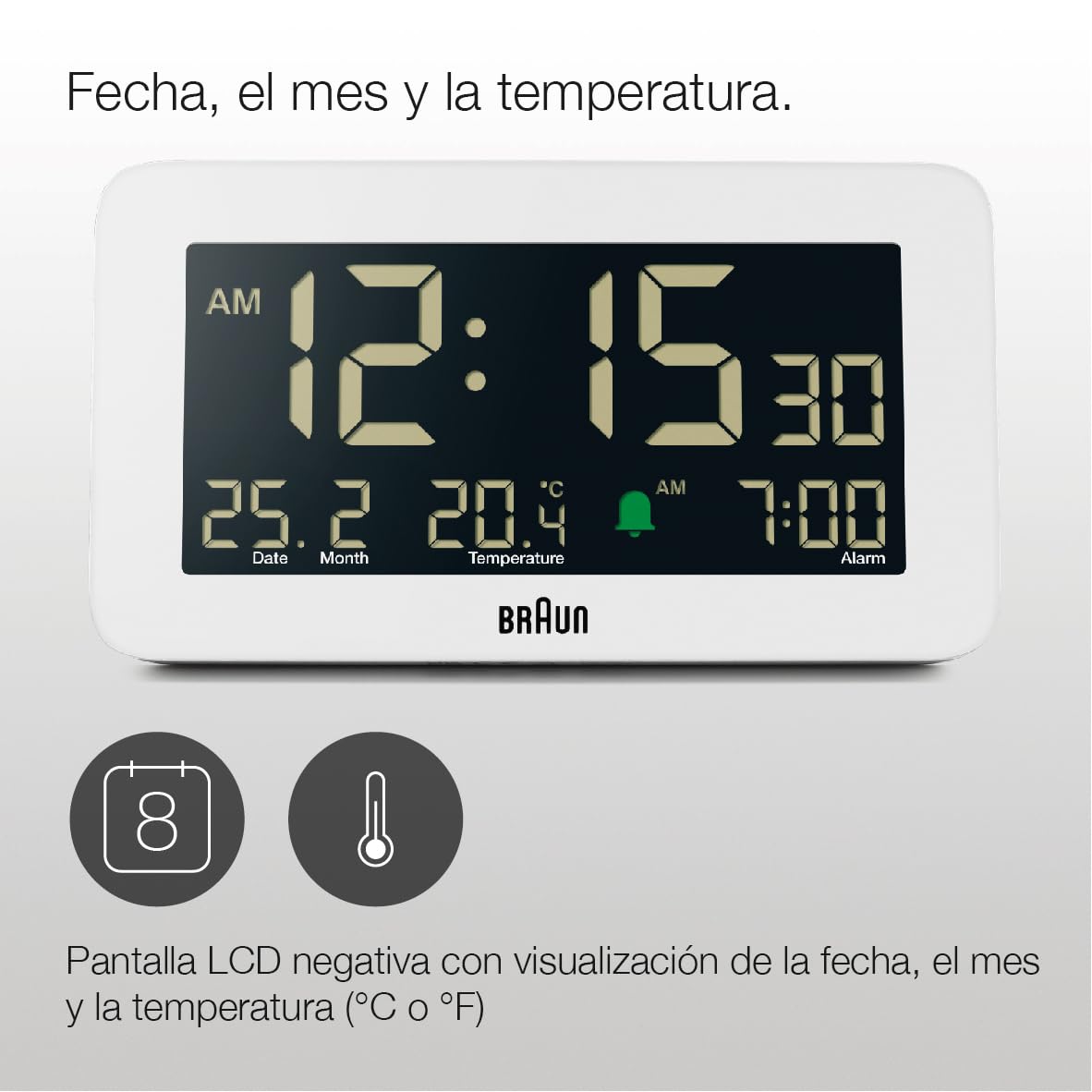 Braun Reloj Despertador Digital visualización de Fecha, Mes y Temperatura, Pantalla LCD Negativa, Ajuste rápido, Alarma en Crescendo, Blanco, Modelo BC10W.