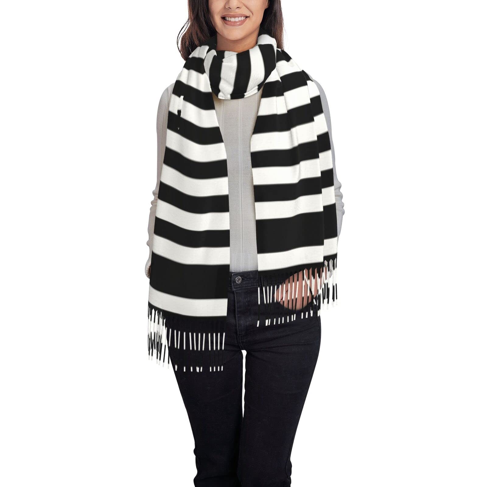 Sylale Unisex Black & White Stripe Winter Scarf - Women Long Scarves Warm Tassel Shawl Stole For Women Ladies