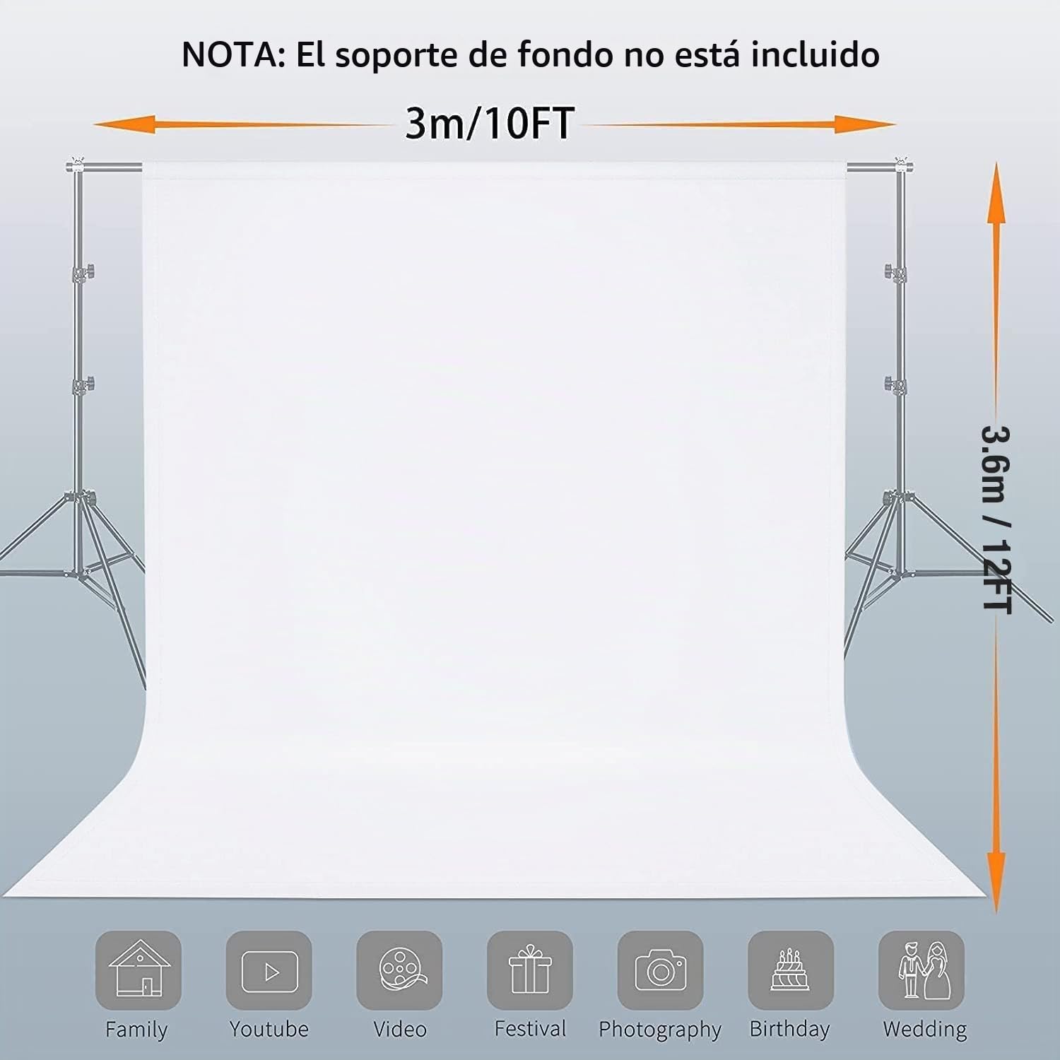 Fondo de Fotografía de 3 x 3,6 M, Fondo Fotográfico de 100% Poliéster con 8 Pinzas Grandes de Estudio, Pantalla Blanco para Fotografía, Video, Estudio, Cine, Televisión
