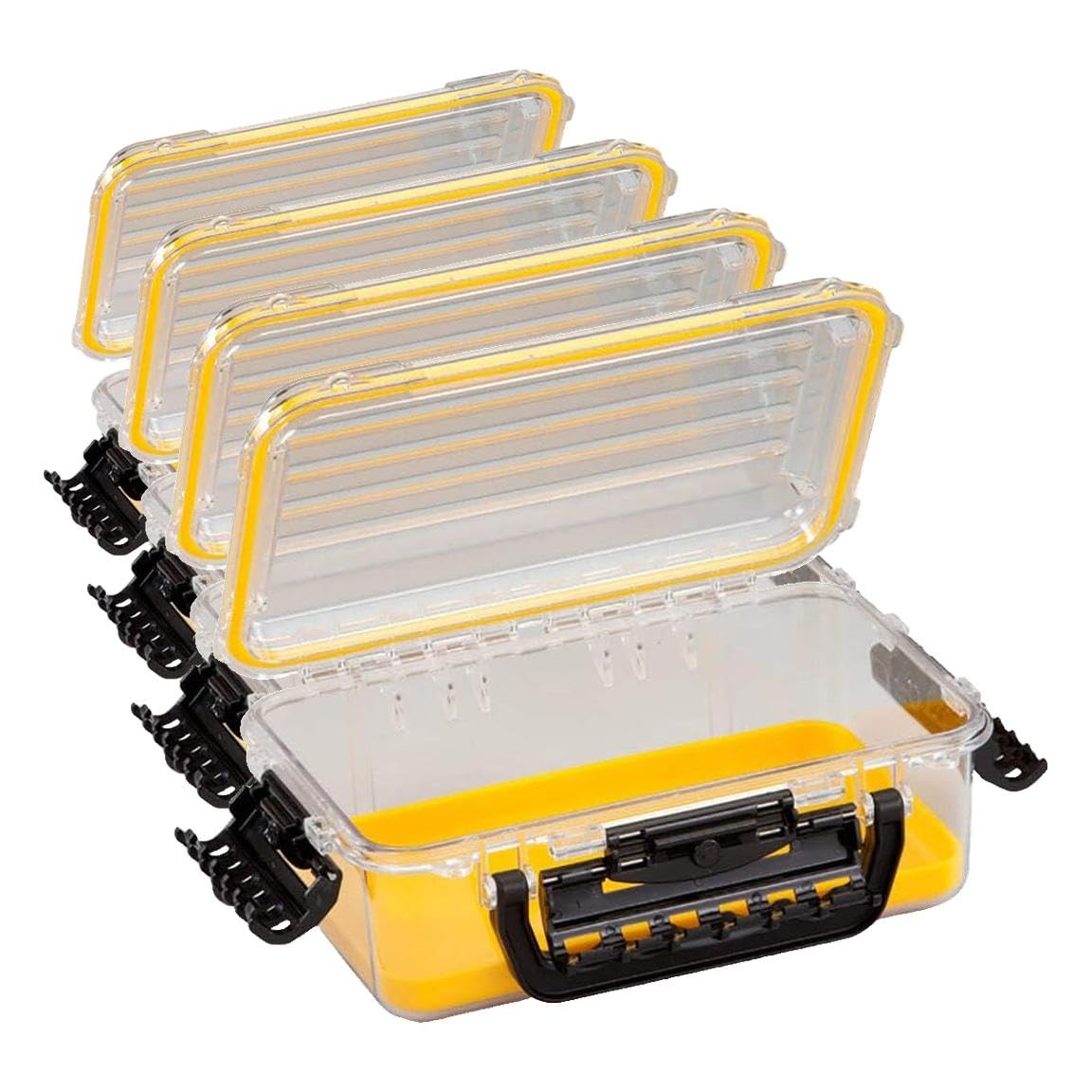 Plano Guide Series 3600 Field Box Waterproof Case, Medium, Waterproof Dry Box with Wrist Strap for Boat, Kayak, and Camping, Outdoor Gear Storage, 11" L x 7" W x 4" H, Clear/yellow (Pack of 4)