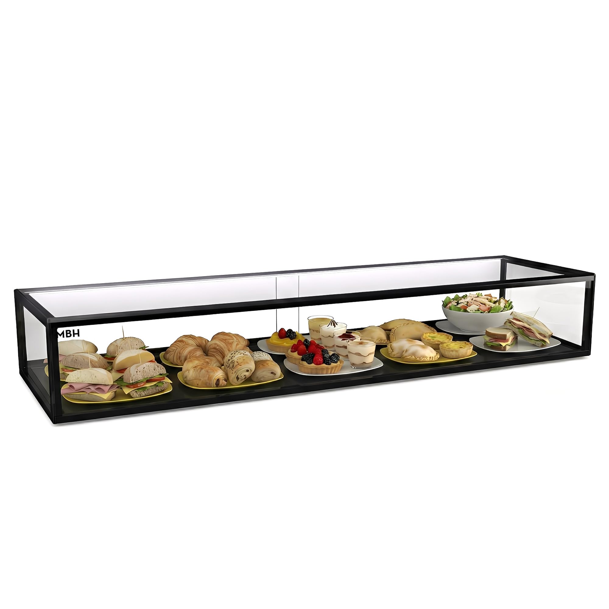 MBH - Vitrina Expositora Neutra de Sobremostrador 120x33 cm, Cristal Recto Templado, 1 Piso, con Iluminación LED, Puertas Traseras Correderas, para Bar, Cafetería, Restaurante, Bollería y Repostería.