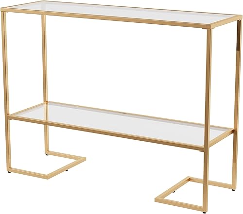Miniatura 1 de Cozy Castle Mesa consola dorada de 38 pulgadas, mesa de sofá de vidrio estrecho, 2 estantes de vidrio templado, mesa de entrada moderna, mesa de