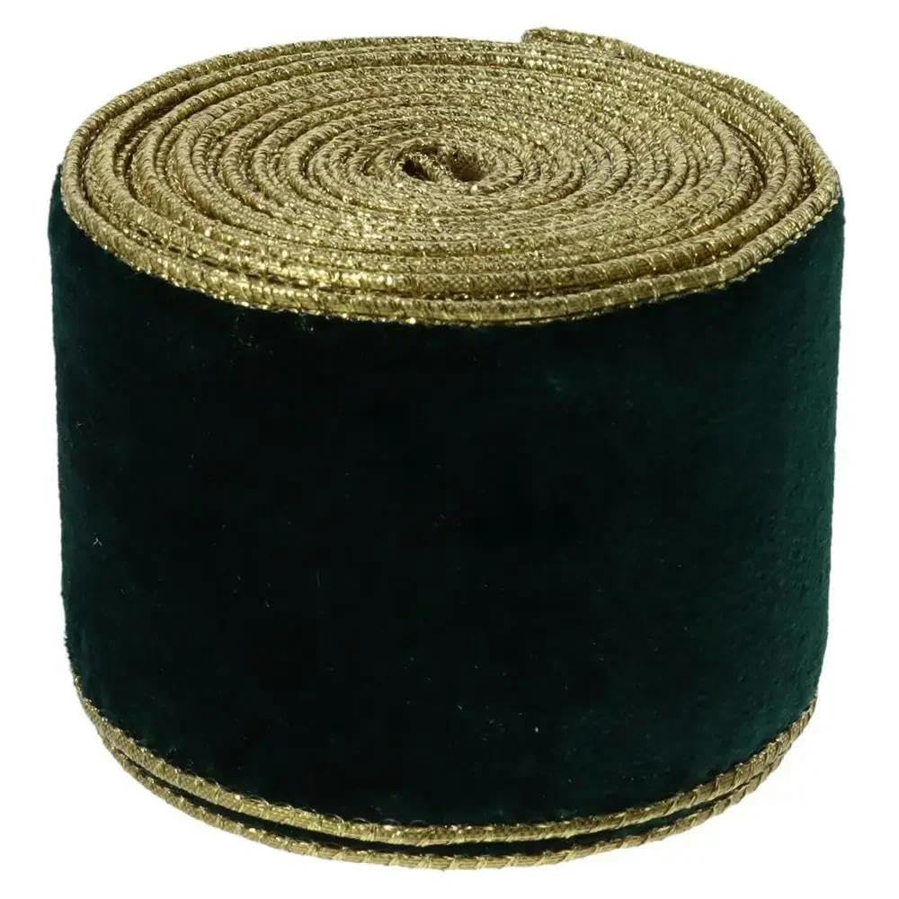 Samtband-Set, 9,1 m, Samtband mit Draht, 6,3 cm breit, goldener Rand, zerdrücktes Weihnachts-Geschenkband for Heimwerker, Kunsthandwerk, Party, Weihnachten, Hochzeit (grün)