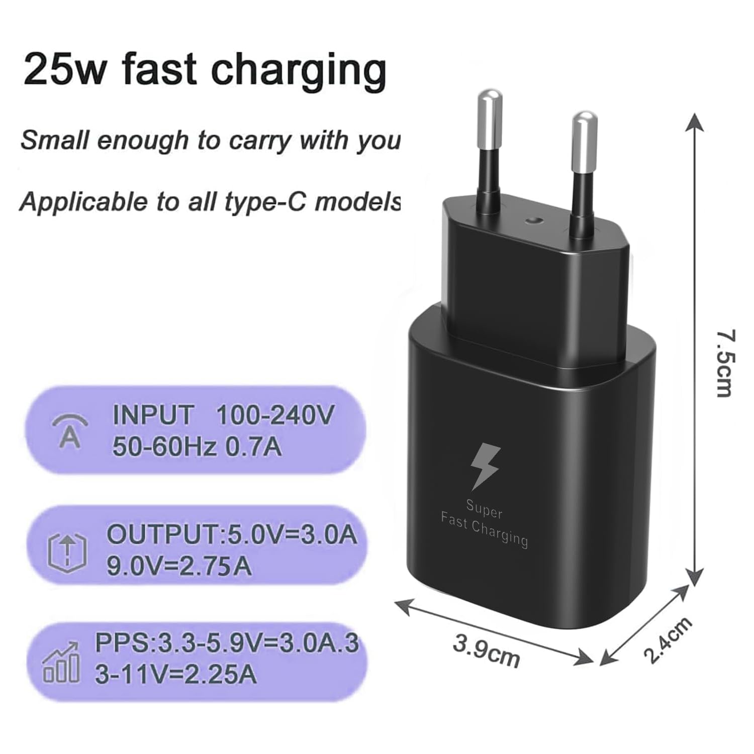 Caricatore USB C per Samsung 25 W, adattatore di alimentazione di tipo C, compatibile con Galaxy S20/S21/S22/S23/S24 Ultra/Note 20/S10