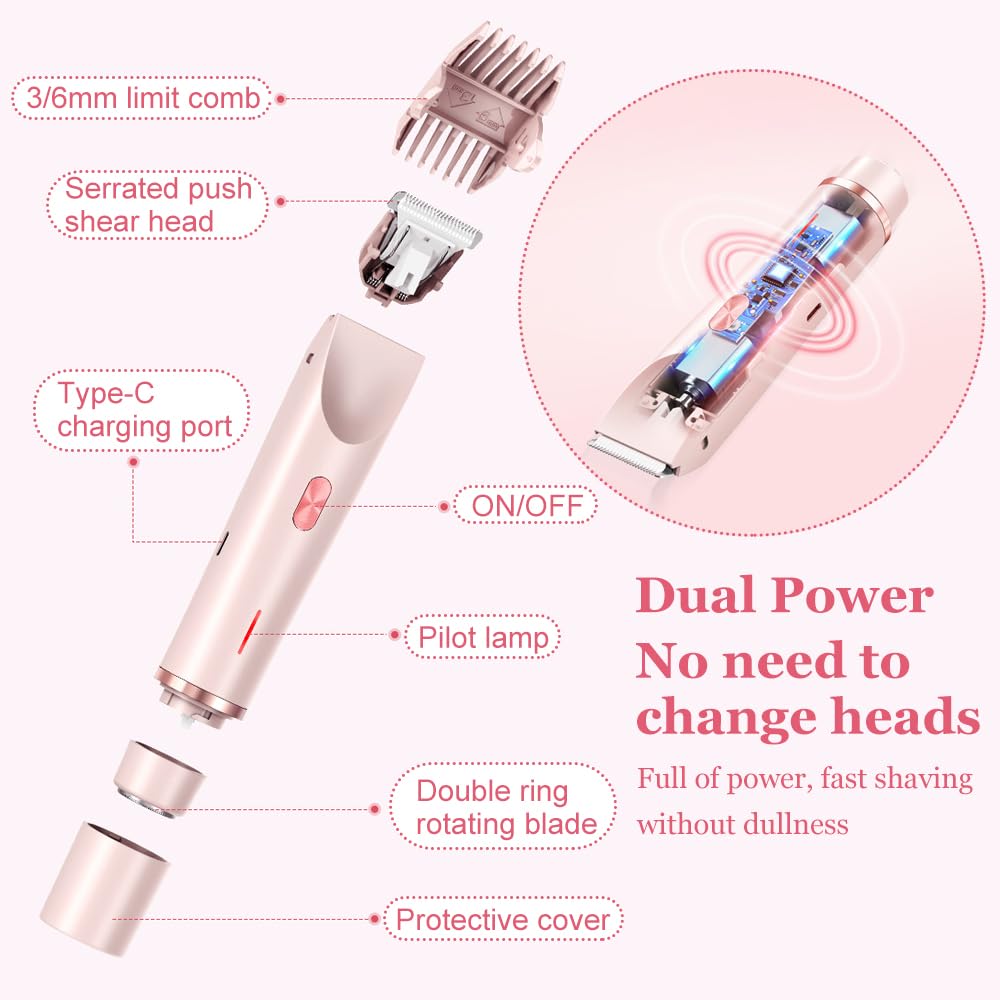 Rasoio elettrico da donna 2 in 1, Bikini Trimmer, impermeabile, utilizzabile sia a secco che bagnato, per gambe, braccia, ascelle e zona bikini (Rosa)