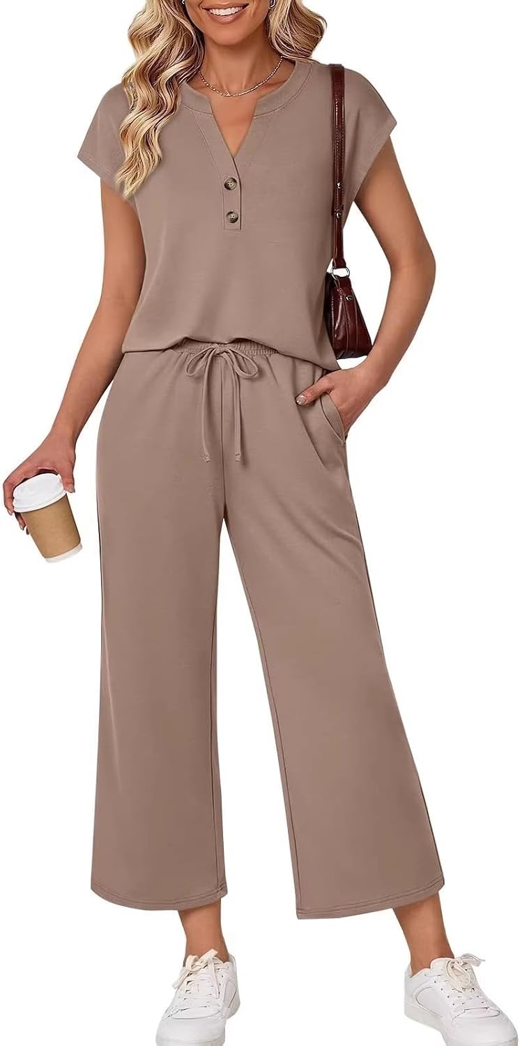 Aoleaky Women's Summer Casual Loose Round Neck Cotton Two Piece Set