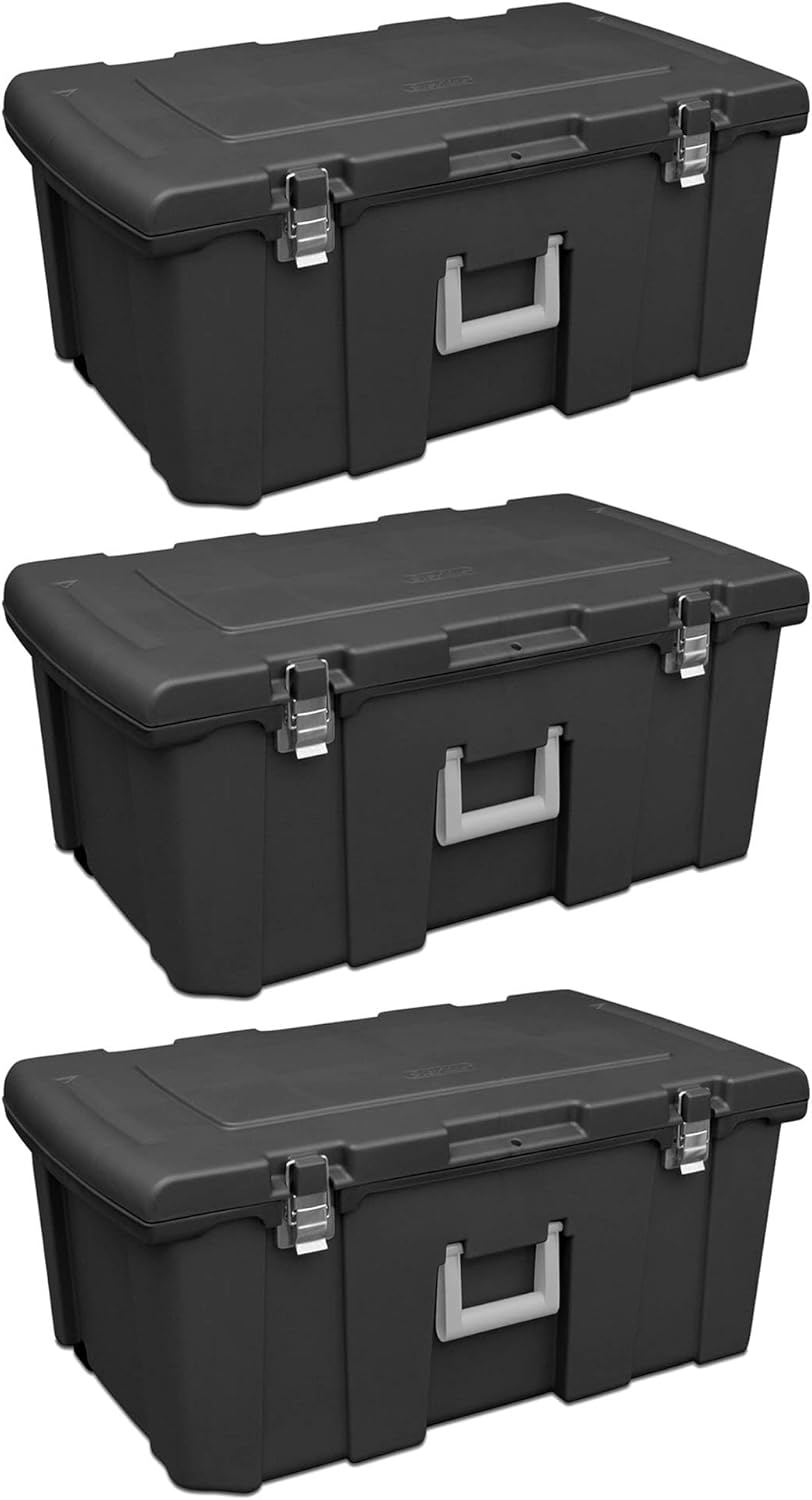 Sterilite 3-Pack Wheeled Footlocker, Lockable Plastic Utility Storage Bins w/Lids, Black – Heavy-Duty Organizing Containers for Home, Office, Garage, and Basement Sterilite 3-Pack Wheeled Footlocker, Lockable Plastic Utility Storage Bins w/Lids, Black – Heavy-Duty Organizing Containers for Home, Office, Garage, and Basement