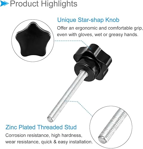Miniatura 60 de Perillas de sujeción de estrella, rosca macho M6 x 1.969 in, cabeza de 1.260 in, mango de tornillo de pulgar de plástico, perno roscado negro
