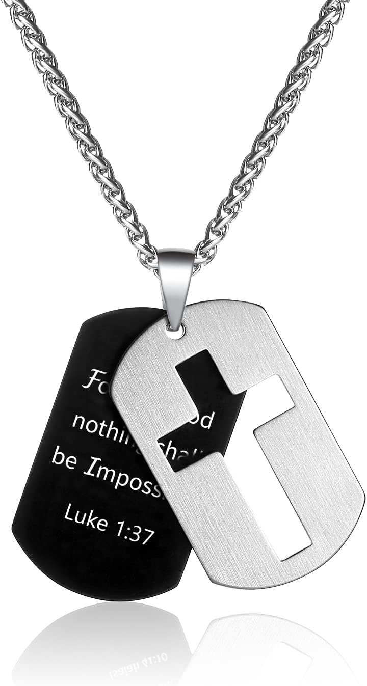 P. BLAKE Dog Tag Cross Necklace Gifts for Men Boys, Stainless Steel Bible Verse Pendant Chain Necklace Valentines Christian Religious Jewelry Gifts for Him