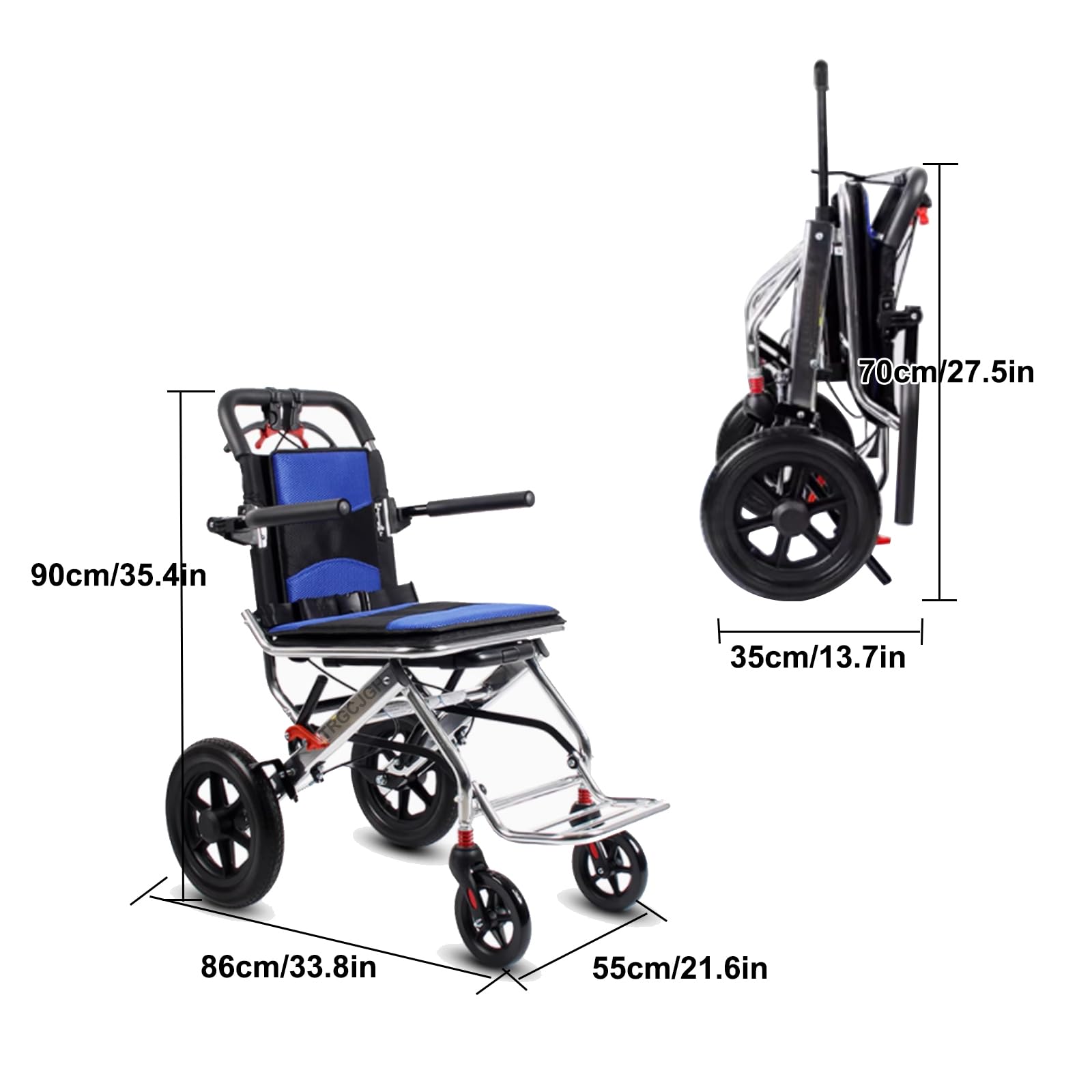 Silla de viaje plegable portátil ligero, Carrido de silla de ruedas de transporte, Reposabrazos abatibles, para traslado, viajes (16.1" Seat Width,Orange)